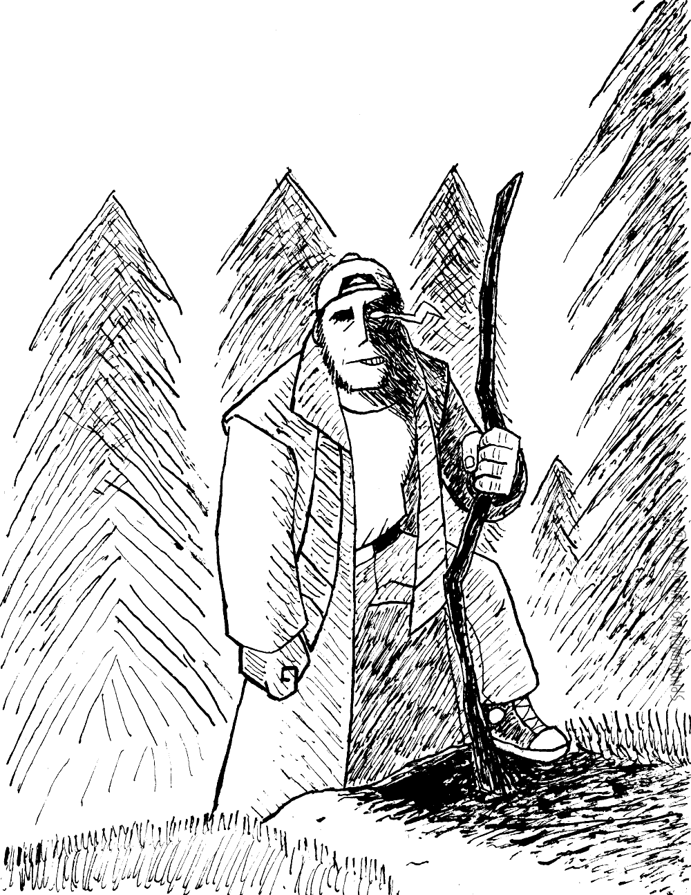 A short, poorly dresssed man trekking through a forest. A shadow hides a more monstrous half of his face.