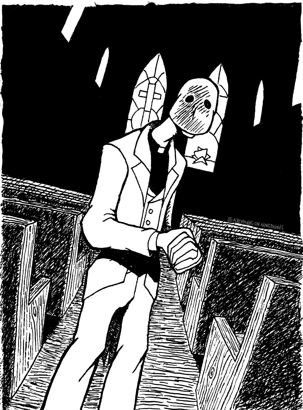 A masked figure in a priest uniform and a mask clasping lanky hands in a church.